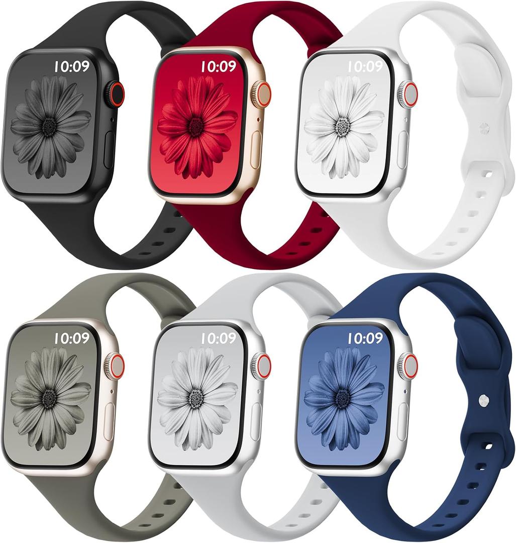 6 Pack Thin Bands Compatible with Apple Watch Band 42mm (Series 3) 44mm 45mm 46mm 49mm Women Men, Sport Silicone Strap Slim Wristband for iWatch