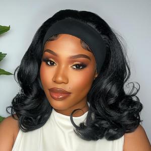 FANCEE Yaki Wavy Headband Wigs for Black Women 14 Inch Black Kinky Straight Wear and Go Wig with Curly Wavy Ends Synthetic Glueless Half Wig with Headbands Attached Blow Out Style Natural Hair Texture