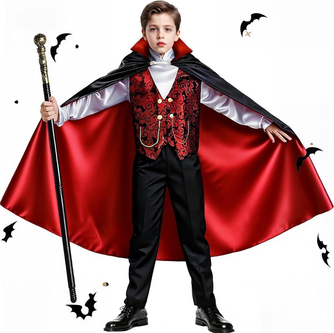 Boys Vampire Costume Set, Halloween Party Vampire Cosplay Outfit with Cape, Shirt, Pants & Cane, kids dracula costume (M(6-9Y, 51"-59"))