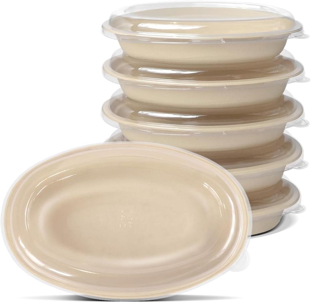Celel 50 Pack 28 Oval Paper Bowls with Lids, Microwavable Oval Disposable Containers for Burrito, Salads, Pasta, Com-postable Meal Prep Food Containers - 50 Bowls 50 Lids (9.84''x6.3''x2.36''(28 fl oz))