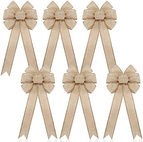 Syhood Christmas Burlap Bows Knot 6 x 12'' Handmade Ribbon Bows Small Natural Rustic Burlap Wreath Decorative Bowknot Ornament for Christmas Tree Festival Holiday Party Supplies(Linen)