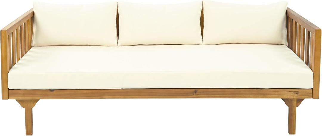 Merax Outdoor Acacia Wood 3-Seat Loveseat Sofa w/Cushion, Patio Furniture, Teak+Beige