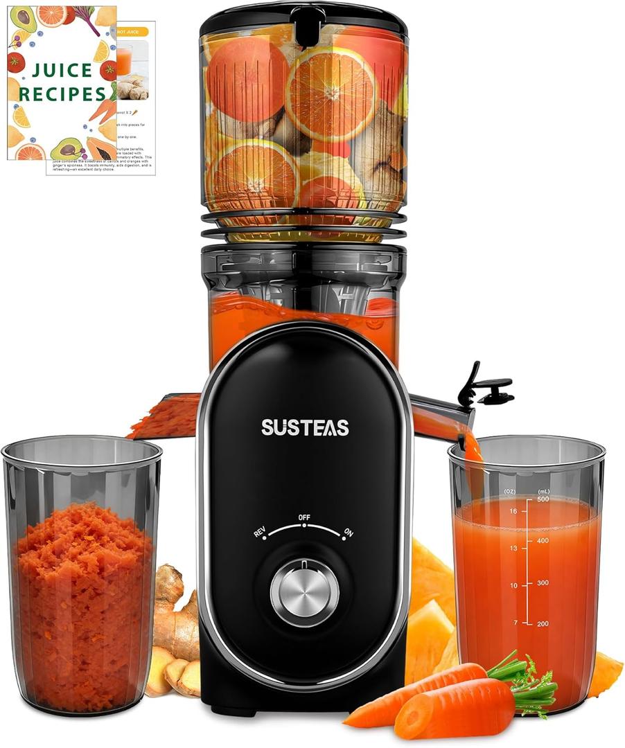 SUSTEAS Cold Press Juicer, 300W, 5.3" Large Feed Chute, 1.5L Capacity, Automatic Feeding, High Yield, Easy to Clean, Ideal for Whole Fruits & Vegetables, Black