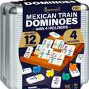 Queensell Mexican Train Dominoes Set with Numbers and 4 Holders - Wooden Hub and Domino Holders - Double 12 with Numbers (D12 Numbers + 4 Holders)