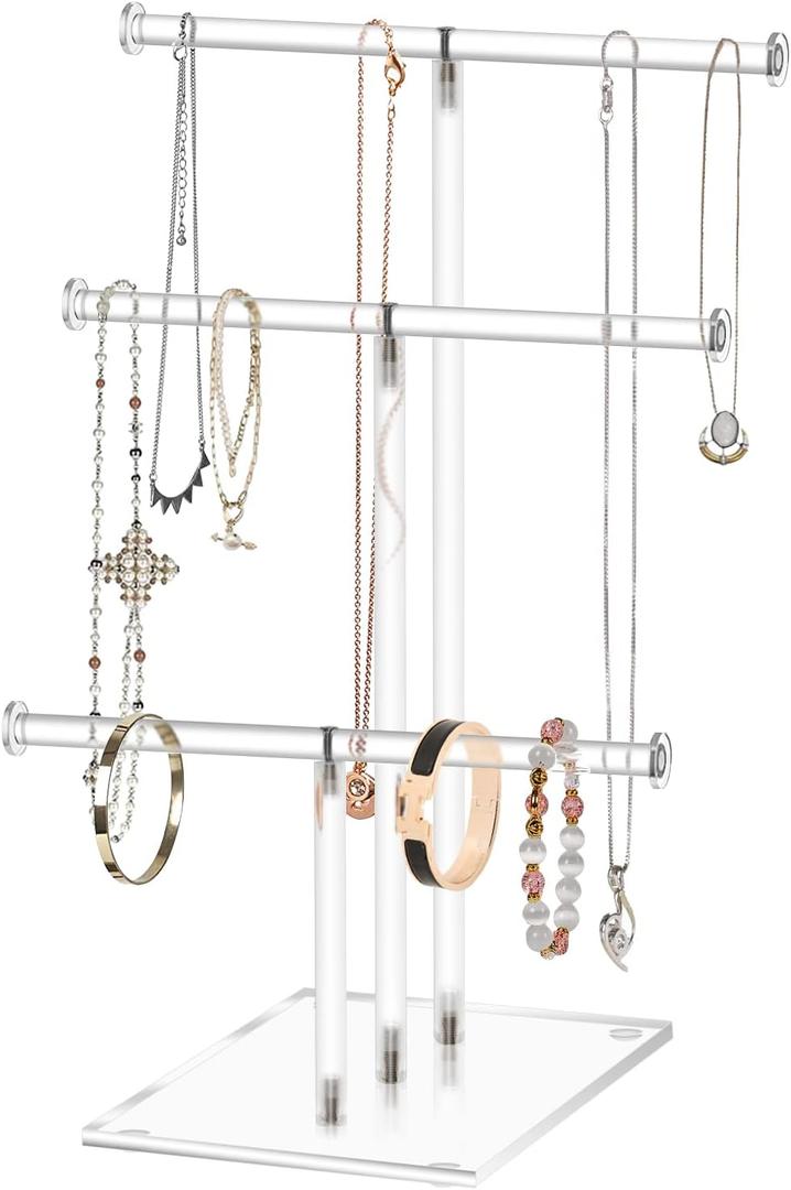 Hanging Jewelry OrganizerTiered Tabletop Countertop Free Standing Necklace Holder Display3 Tier Jewelry Display Necklace Holder Stand (3-Bar)