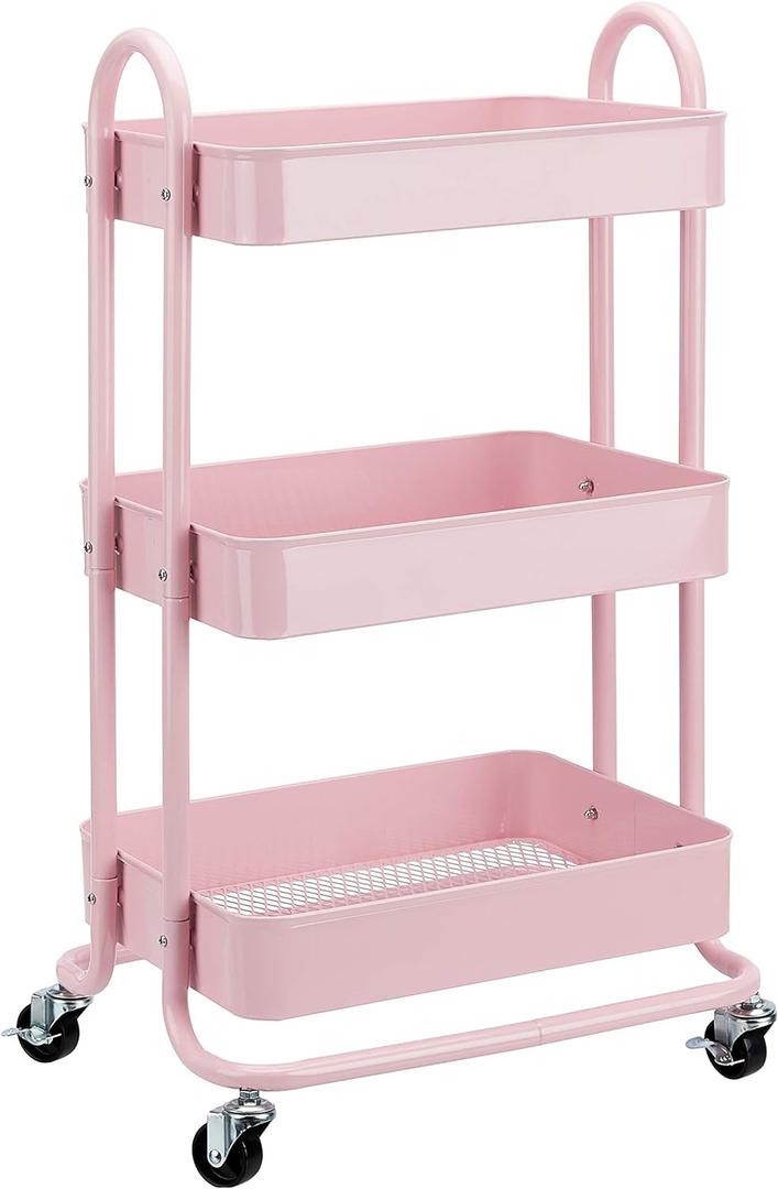 Amazon Basics 3-Tier Rolling Utility or Kitchen Cart, Lockable Wheels, Multifunctional Storage, Metal Storage Organizer, Portable, Dusty Pink