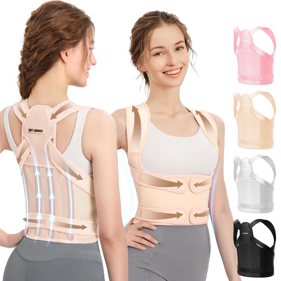 Fit Geno Back Brace Posture Corrector for Men & Women: Shoulder Straightener Adjustable Full Back Support Pain Relief - Scoliosis Hunchback Spine Corrector (Medium) (Beige)