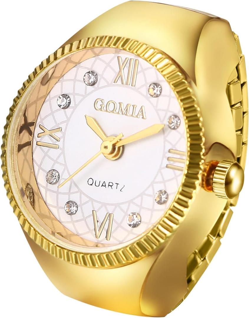 OIDEA Finger Watch for Women Men: Simple Elegant Round Dial Stainless Steel Stretchy Elastic Band Quartz Watch Ring for Valentine's Day Christmas Birthday Gifts (1.gold strap)