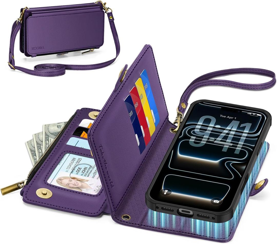 TUCCH Removable Crossbody Wallet Case for iPhone 17 Pro Max, RFID Blocking 10 Card Holders, Lanyard, Wrist Strap, Wireless Charging, Stand, Zipper Pocket, PU Leather, Magnetic Flip Cover, Deep Purple