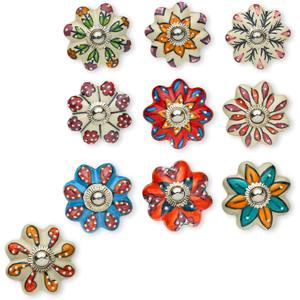 Set of 10 Handmade Flower Ceramic Knobs | Colorful Multi Design Ceramic Cabinet Knobs | Drawer Pulls Ideal for Home, Kitchen or Office | Drawer Knobs Comes with 1 Wrench, Screw Cap & Bolts