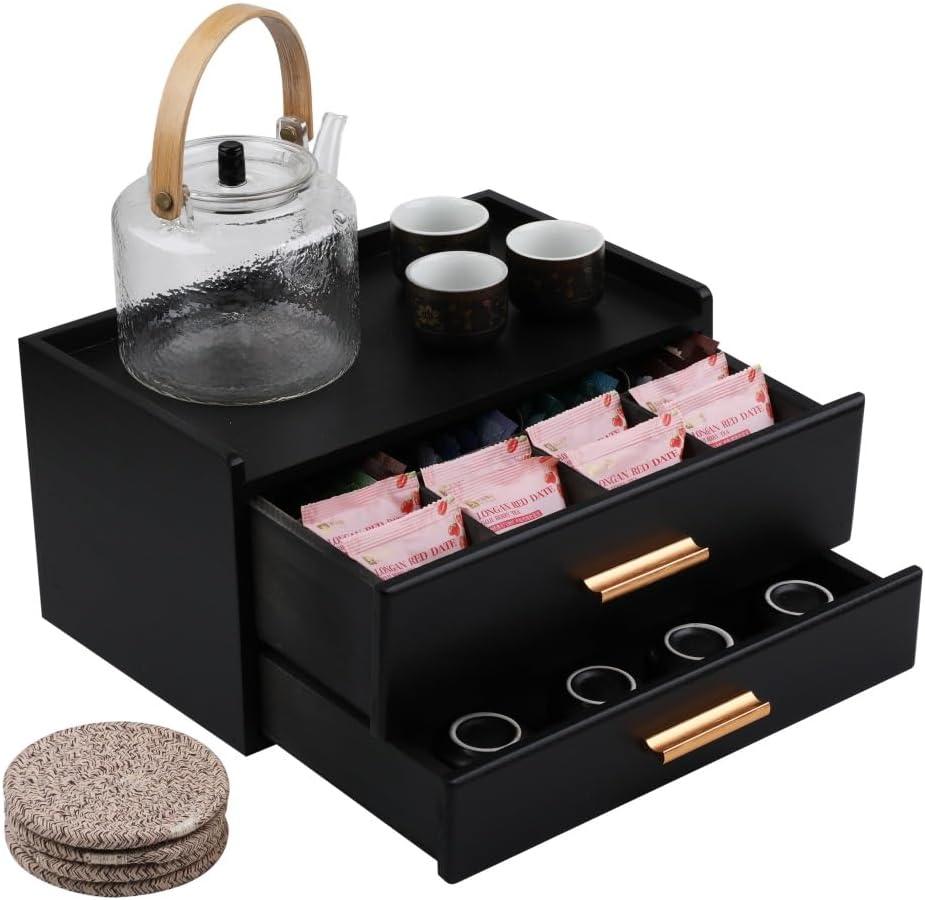 Tea Organizers and Storage Box with Drawer Tea Station organizer for Countertop with 8 Compartments Pine Wood Tea Bag Organizer with Drawer Teabag Holder with 4 Cotton Woven Coasters, Black 02