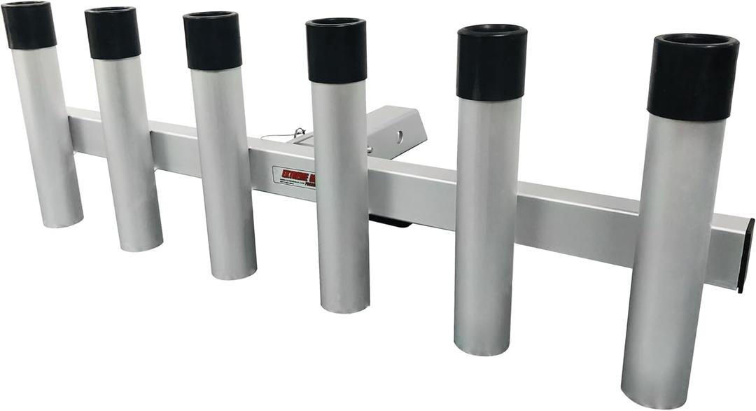 Extreme Max 3005.4275 Aluminum Pivoting Fishing Rod Holder for 2" Hitch Receivers - 6-Rod Capacity, Grey