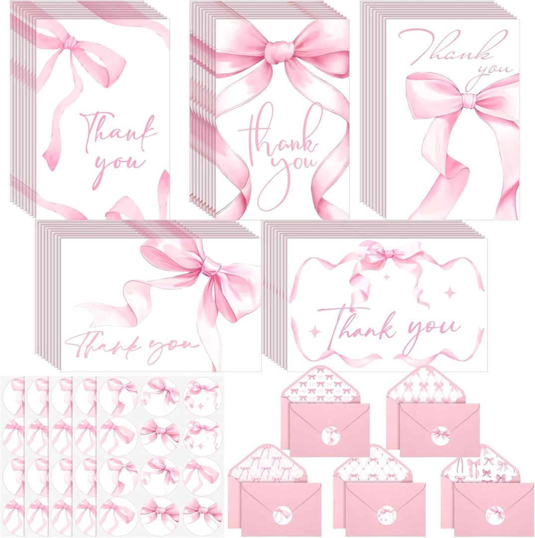 100 Sets Bow Thank You Cards with Envelope and Sticker Bulk 5.9x3.9 Inch Watercolor Coquette Bowknot Blank Note Greeting Cards for Wedding Bridal Baby Shower Birthday Party Supplies(Pink,Bow)