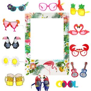 13 Pcs Luau Photo Booth Props Hawaiian Party Decorations, 12 Pairs Beach Themed Funny Summer Glasses, 1 PC Summer Photo Frame, Tropical Party Supplies Favors(Flamingo Frame)