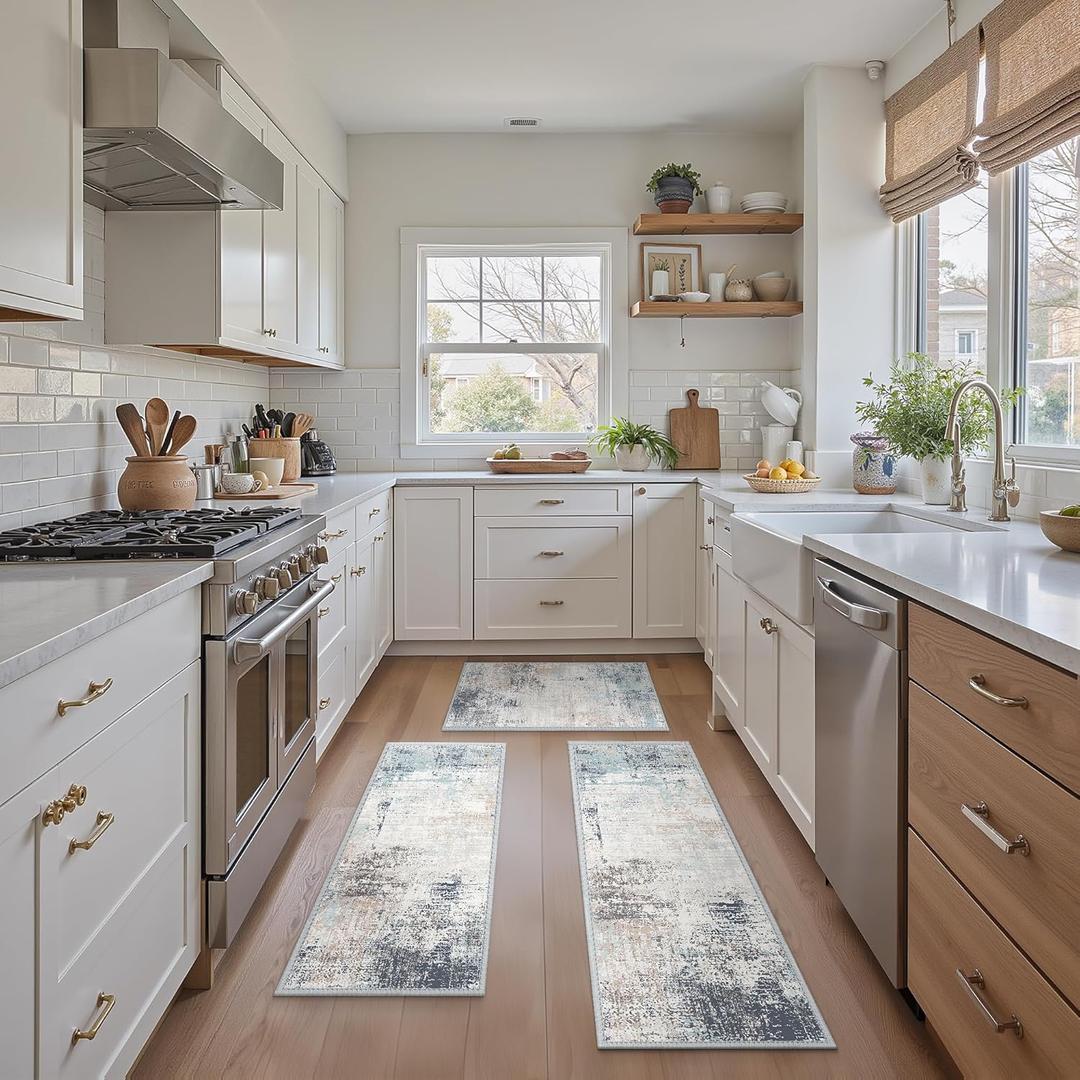 GENIMO Kitchen Rugs Sets of 3 Non Slip Washable Kitchen Mats for Floor, Waterproof Abstract Kitchen Runner Rug, Floor Mat Carpet for Hallway, Laundry, Sink, Entryway, Bathroom, Green/Brown