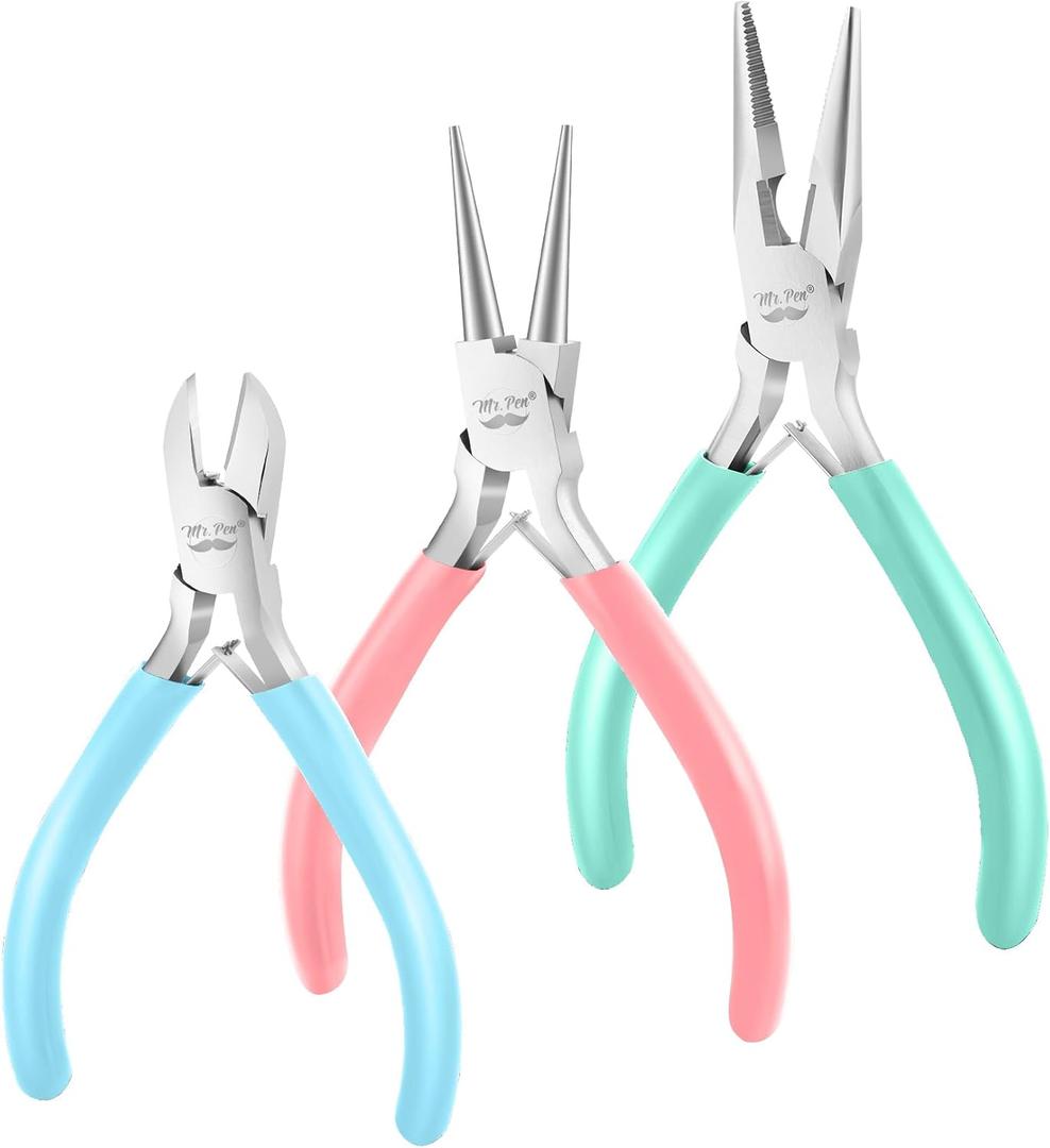 Mr. Pen- Jewelry Pliers Set, 3 Pack, Colorful, Rubber Handle & Ergonomic Design, Mini Pliers for Jewelry Making Tools, Small Wire Cutters for Crafting (Pastel 2)
