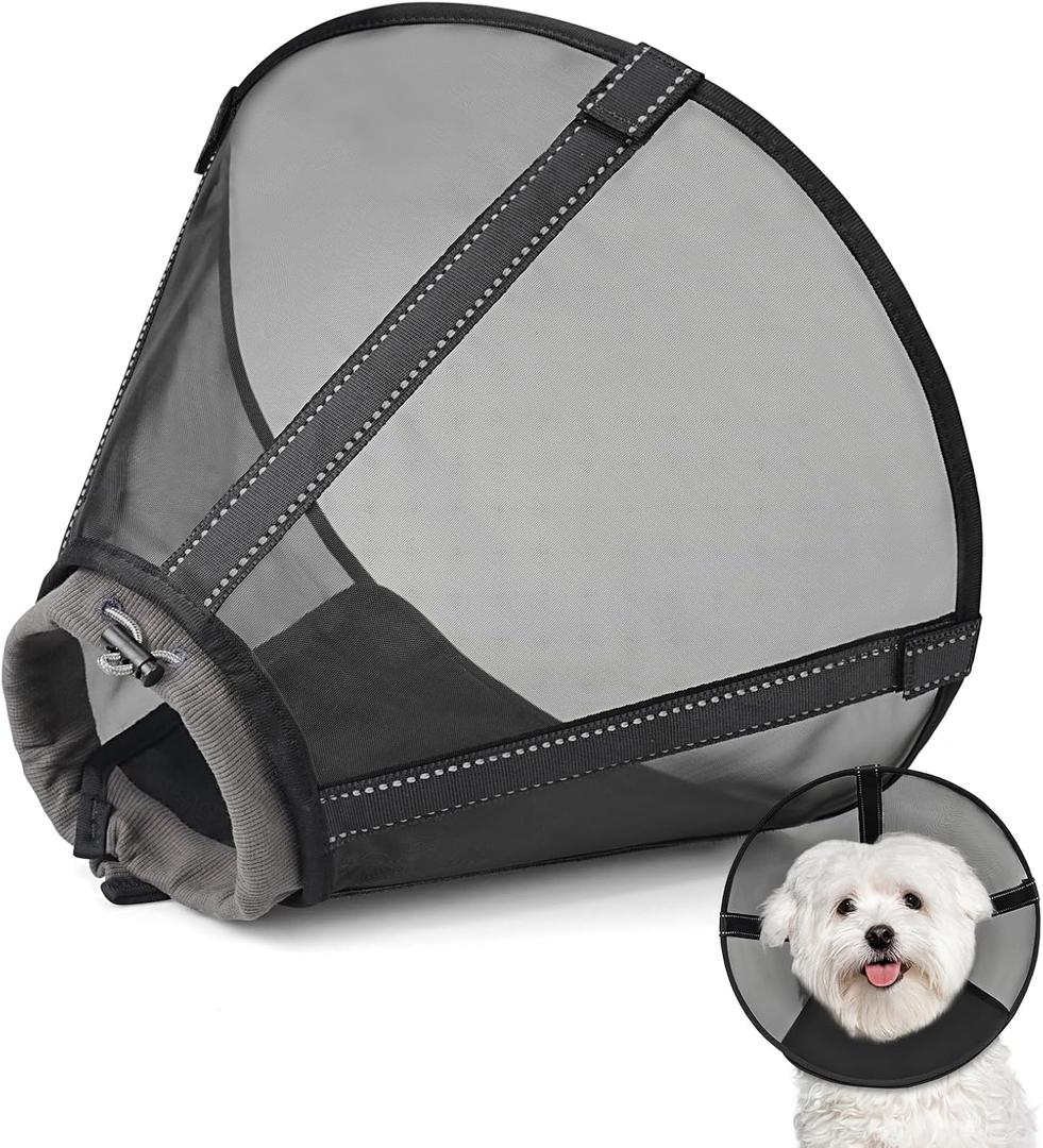 Breathable Mesh Dog Cone Collar for Surgery, Soft Elizabethan Recovery Alternative to Stop Licking,Pet Neck Collar for Large Medium Small Breeds(Black,1) (1(Neck:7-9in, Depth:6.5in))