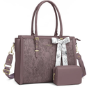 MOSISO Laptop Bag for Women, 17-17.3 inch PU Leather Tote Bag Compatible with MacBook, HP, Dell, Asus Notebook, Front Embossed Retro Hibiscus Computer Bag with Silk Scarf&Clutch Purse, Slate Purple