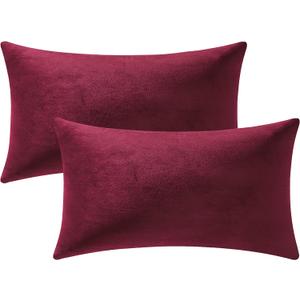 DEZENE Throw Pillow Covers 12x20 Burgundy: 2 Pack Cozy Soft Velvet Rectangular Decorative Pillow Cases for Farmhouse Home Decor