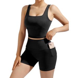 SUUKSESS Women 2 Piece Workout Sets Hidden Scrunch Butt Lifting Biker Shorts Square Neck Tank Tops (Large, Black)