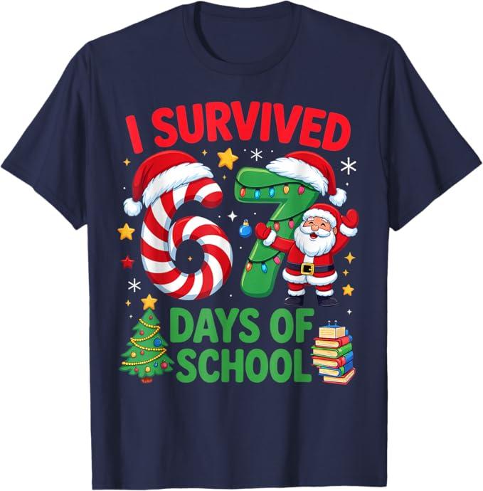 I Survived 67 Days of School Christmas Candy Cane Six Seven T-Shirt, M
