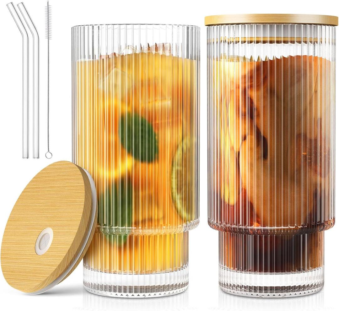 16OZ Glass Cups with Lids and Straws, Vintage Glassware for Whiskey Cocktail Beer, Iced Coffee Cups with Lid, Glass Tumbler with Straw and Lid (2 PACK) (2 Glasses + 2 Lids + 2 Straws)