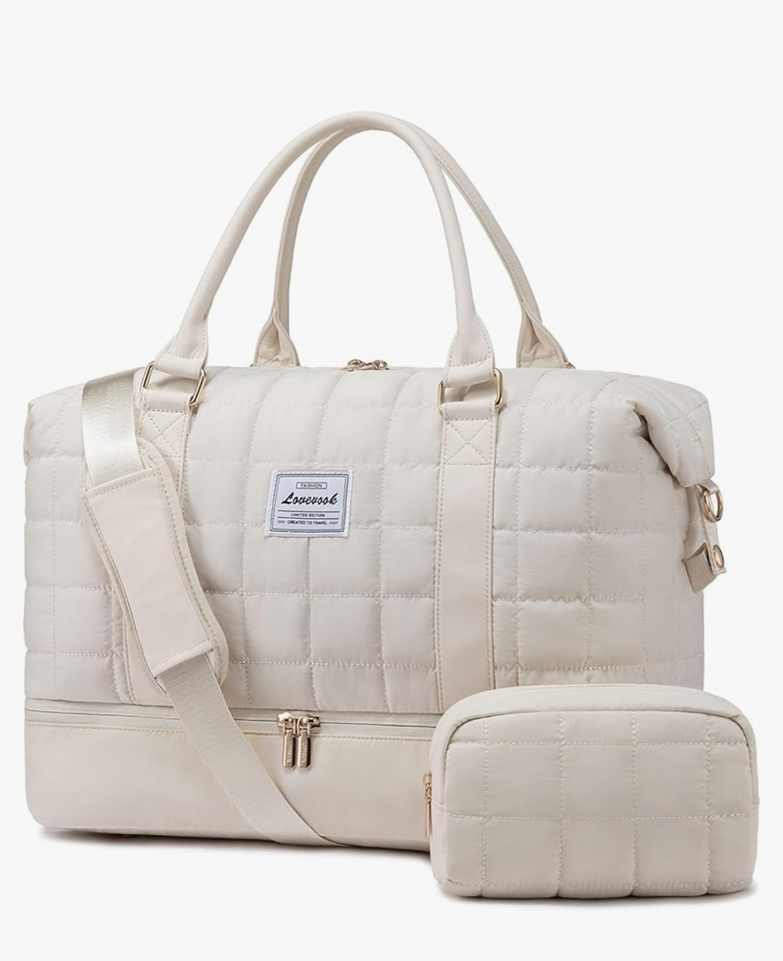 LOVEVOOK Large Duffle Bag for Travel, Puffer Weekend Bags for Women Travel Tote, Carry on Duffel Bag for Airplanes, 18 Inch Personal Item Bag Gym Bag Women, Beige