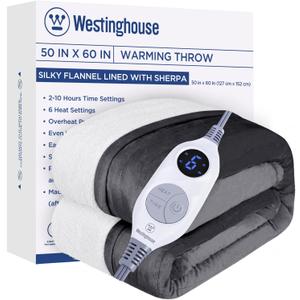 Westinghouse Heated Throw Blanket, Electric Blanket Throw with 6 Heating Levels and 2-10 Hours Time Settings, Flannel to Sherpa Super Cozy Heated Blanket Machine Washable, 50x60 inch, Charcoal