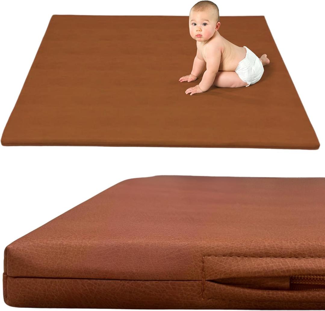 Premium Large Vegan Leather 1.4 Inch Thick Padded Baby Play Mat  Soft, Cushioned, Non-Toxic, and Easy to Clean, Brown, Large Size, Faux Leather Playmat (48" x 48")