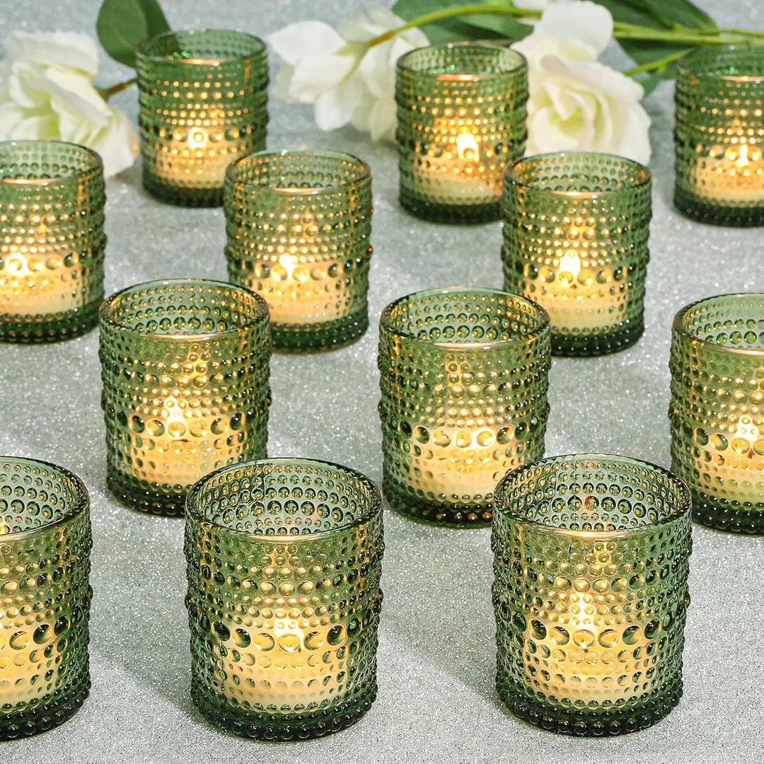 24 Pcs Votive Candle Holders, Glass Holders Bulk for Table Centerpiece, Tea Lights Candle Holders for Wedding Shower, Party and Home Decor Green