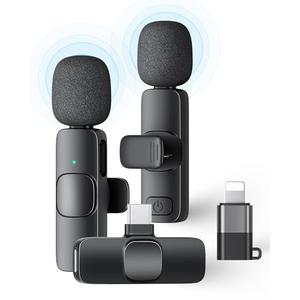 2 Pack Wireless Lavalier Microphone for iPhone iPad and Android Phone, Lapel Mic Plug and Play Wireless Mic Noise Reduction Mini Microphone for Video Recording Interview Podcast Vlog YouTube Tiktok