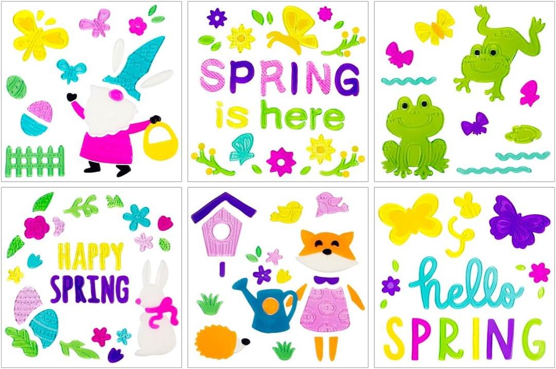 Spring Gel Window Clings for Glass Windows, Reusable Window Decorations with Hello Spring, Flowers, Birds, Butterflies and Frogs