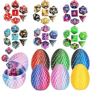 BLSFXROE 6PCS Easter 3D Printed Eggs & 6 DND Dice Sets, Polyhedral Dungeons and Dragons Dice with Clear Numbers, Durable Acrylic RPG Dice for Easter Basket Stuffers, DND Players & Fantasy Enthusiasts