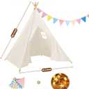 Sumbababy 4 Pack Teepee Tent for Kids Indoor Play Tent with Lights & Colorful Flags, Natural Canvas Sleepover Tents for Girls Party Washable & Foldable Slumber Party Tents