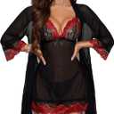 RSLOVE Women Sexy Lingerie , Lace Kimono Robe Strap Chemise Sleepwear Mesh Nightgown (Large, Black&red)