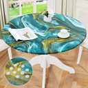 misaya Round Fitted Tablecloth with Elastic Edge, 100% Waterproof Oil Proof Plastic Table Cover, Vinyl Flannel Backed Tablecloth Fits 36"-44" Round Tables for Dinner, Outdoor, Picnic, Ripples (For Up To 45"-56" Round, Teal and Gold)