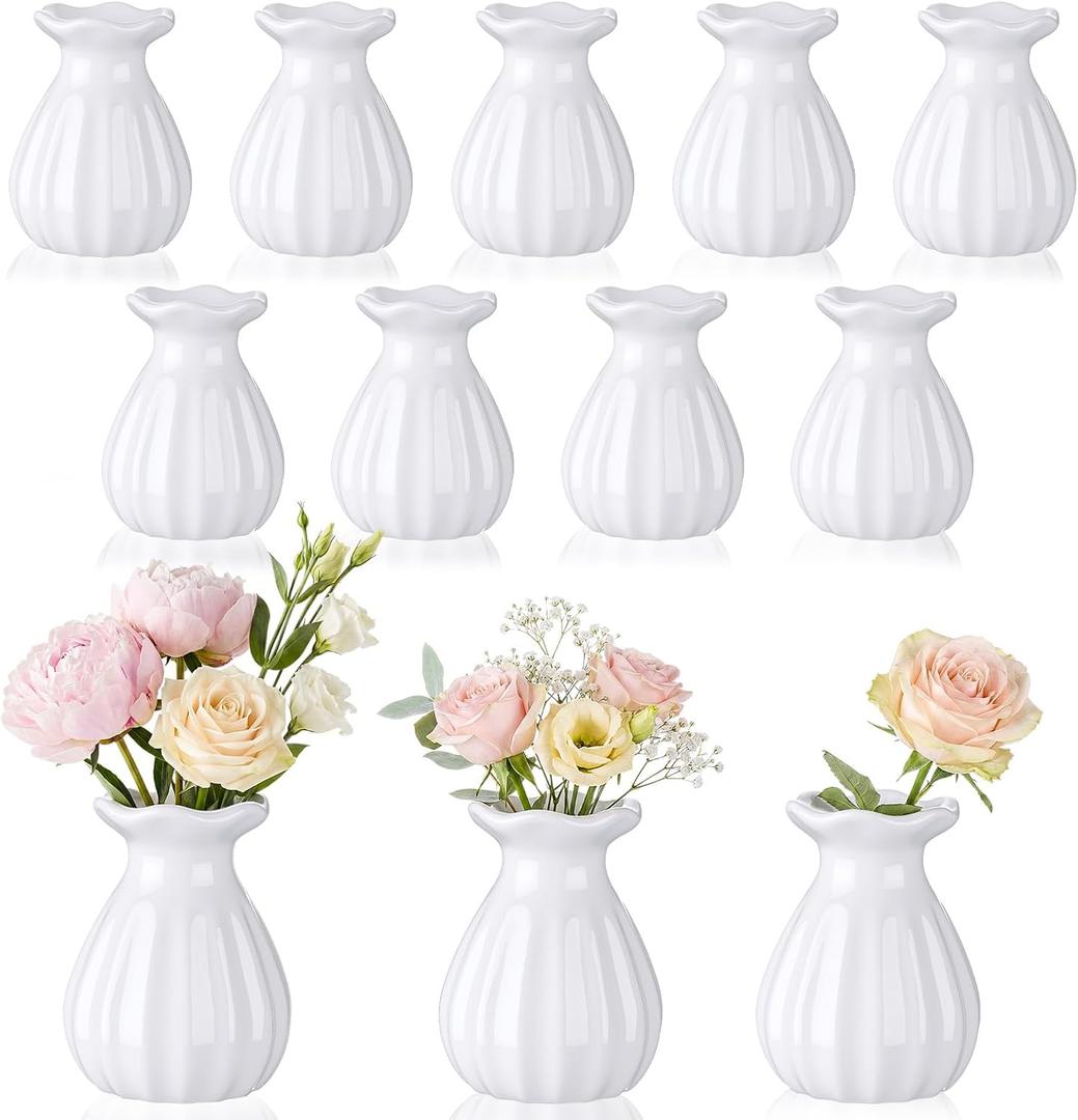 12 Pieces Glass Bud Vases for Centerpieces Bulk 3.5 Inch Mini Flower Bouquets Vases Small Cute Crystal Ribbed Glass Bud in Bulk for Wedding Baby Bridal Shower Table Party Home Decor (White)