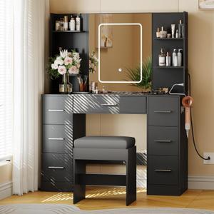 Garvee Makeup Vanity with Mirror and Chair, Power Outlet, Hairdryer Holder, 7 Drawers, 3 Lighting Modes Brightness Adjustable Dressing Table for Bedroom (Jet Black)