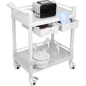 Beauty Trolley Cart with Wheels, Esthetician Cart with Handrail, Bucket and 2 Big Drawer, 2 Tier Heavy Duty Vacuum Therapy Machine Trolley, Load 330lbs, 360° Rotate Silent Wheels