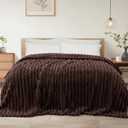 Exclusivo Mezcla Queen Size Flannel Fleece Blanket, Super Soft Striped Jacquard Bed Blanket, Lightweight Fuzzy Cozy for All Seasons, 90x90 Inches, Coffee
