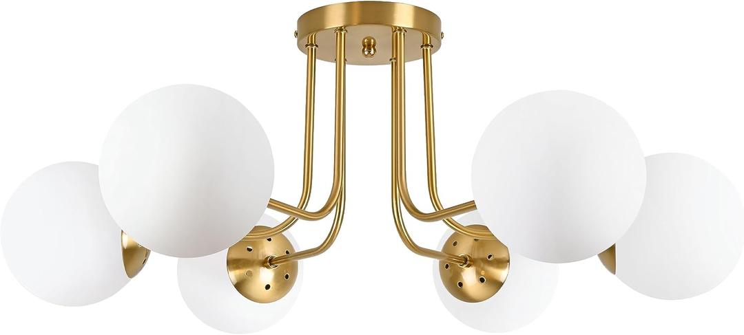 KoKo&Yukina 6-Light Mid Century Ceiling Light Modern Semi Flush Mount Ceiling Light Fixture Globe Ceiling Light with Milk Glass Shade Brushed Brass Finish for Bedroom Hallway Dining Room Living Room, 29"L x 29"W x 11.8"H