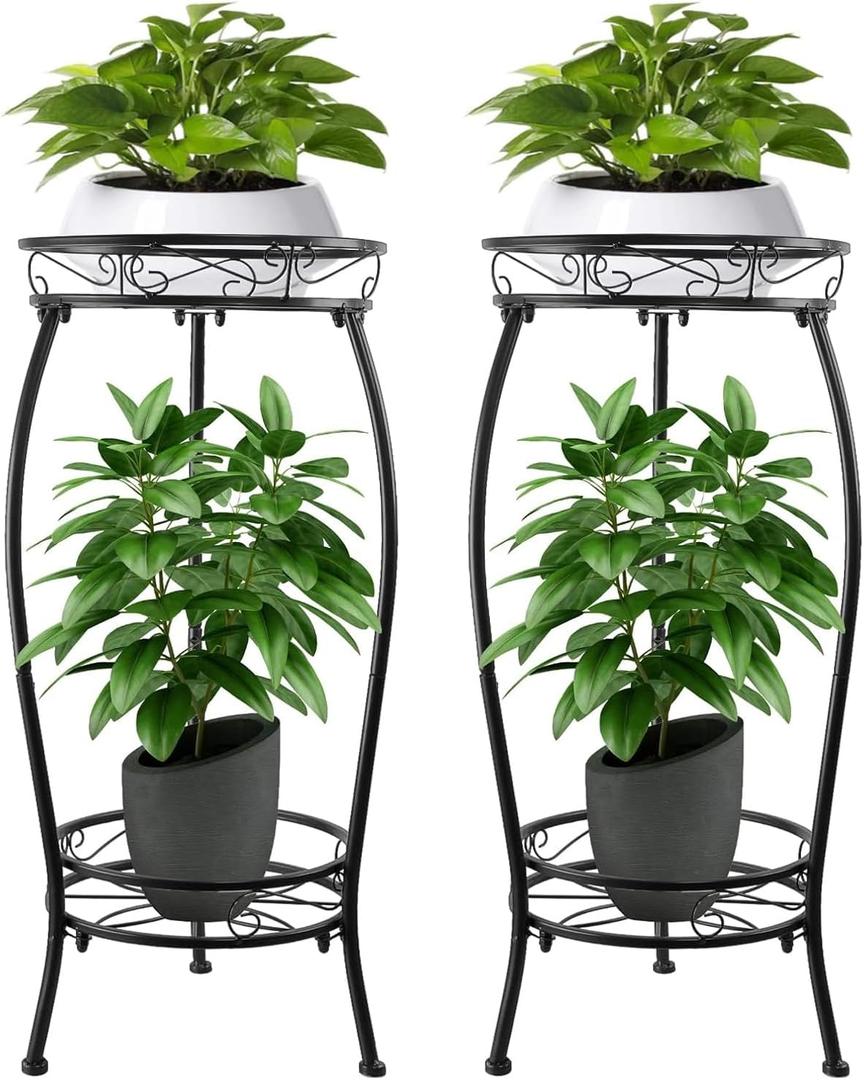 2 Pack Plant Stands Indoor Outdoor, 27.1" 2-Tier Metal Pot Holder,Tall Corner Plant Stand, Heavy Duty Rustproof Planter Rack for Home, Garden, Patio, Balcony - Black