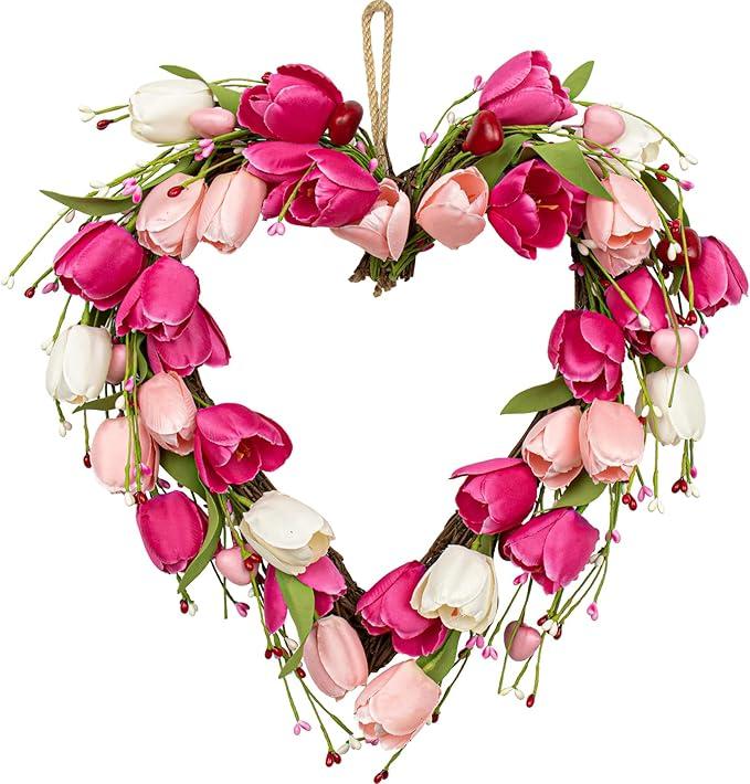 VioletEverGarden Valentine’s Day Wreath 18 Inch Valentines Day Door Wreath with White Pink Red Tulip Berry and Green Leaf Valentines Heart Wreaths for Valentine’s Day Wedding Festival Decor