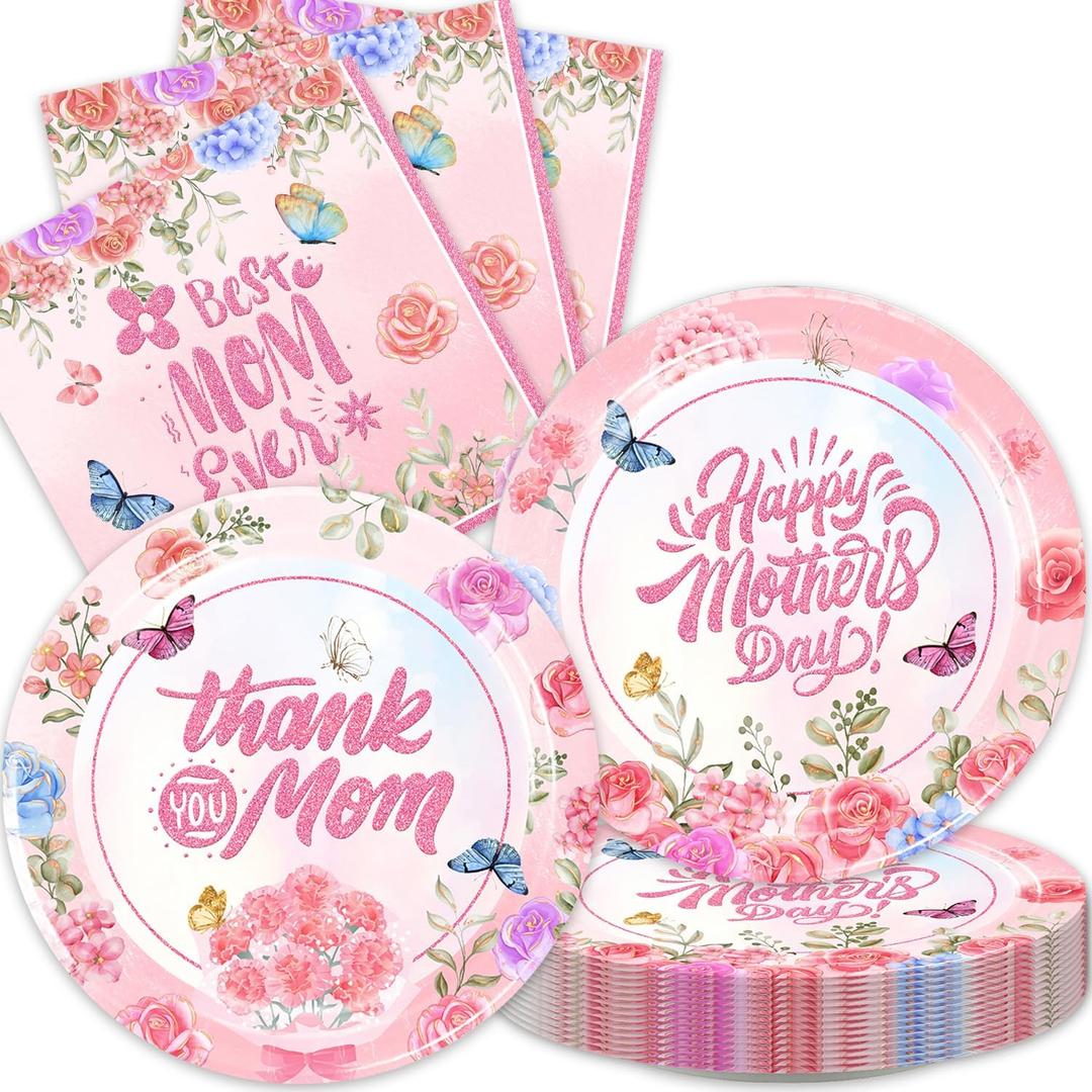 48Pack Mother's Day Decorations Party Supplies include 24 Plates, 24 Napkins for the Mother's Day Party Decorations