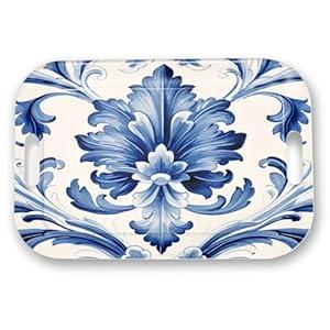 Serving Trays with Handles, 14.5 x 9.8 inch Rectangular Plastic Tray for Restaurant, Kitchen, Blue and White Pattern
