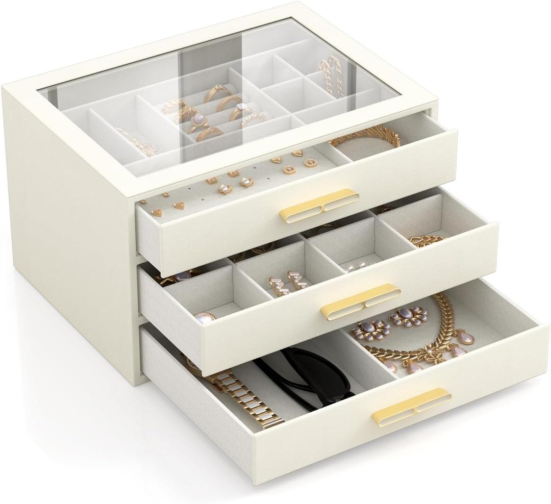 Jewelry Box for Women, 3-Layer Drawer Jewelry Organizer with Clear lid, Large Jewelry Boxes Accessory for Necklaces, Rings, Earrings, Bracelets Storage, Mothers Day Gifts for Mom, Cloud White