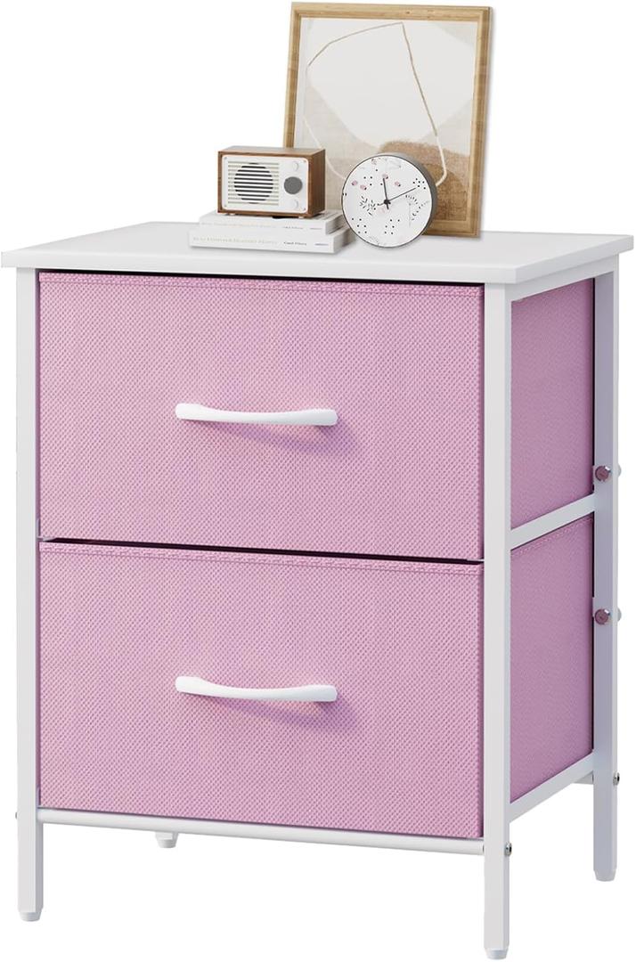 Stero Nightstand, Kids Dresser with 2 Drawers, Steel Frame Bedside Furniture, Wood Top Fabric Night Stand, Colorful End Table for Home, Bedroom, Office, Pink