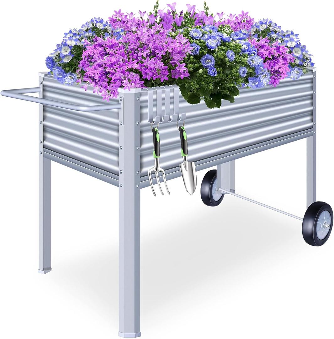 Galvanized Raised Garden Bed with Legs, Metal Raised Planter Box with Drainage Holes Outdoor Elevated Garden Bed on Wheels for Backyard, Patio, Balcony (Silver)