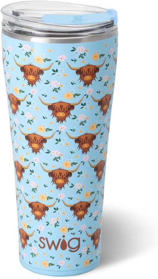 Swig Life 32oz Insulated Tumbler, Travel Coffee Tumbler with Lid, Cup Holder Friendly Travel Coffee Mug, Stainless Steel Thermos, 32 oz, Reusable Insulated Mug with Lid (Holy Cow)