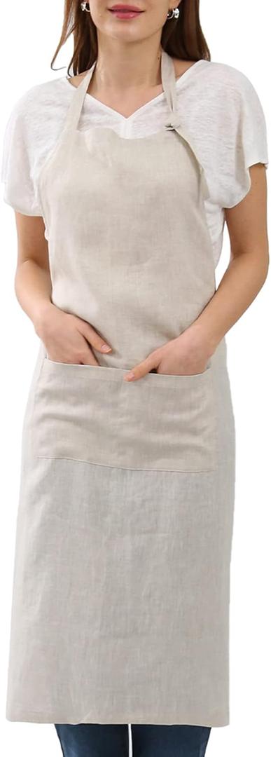 Amazhiyu Pure Linen Kitchen Apron with Pockets for Women Men Chef Cooking BBQ Crafting (Flax)